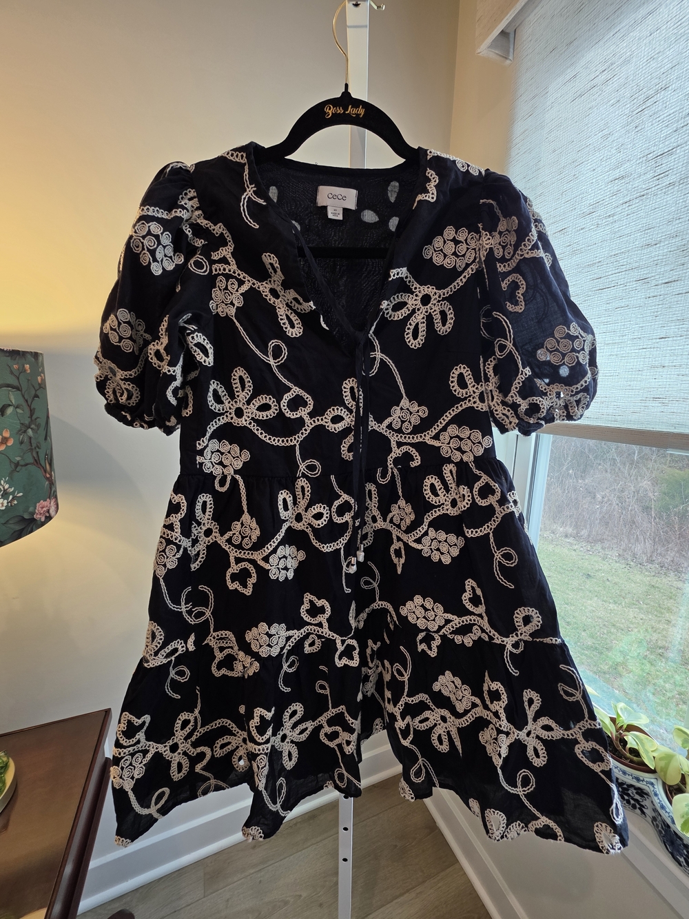 Black Embroidered Cotton Puff-Sleeve Midi Dress Cottagecore Coquette Size XS - Picture 10 of 13
